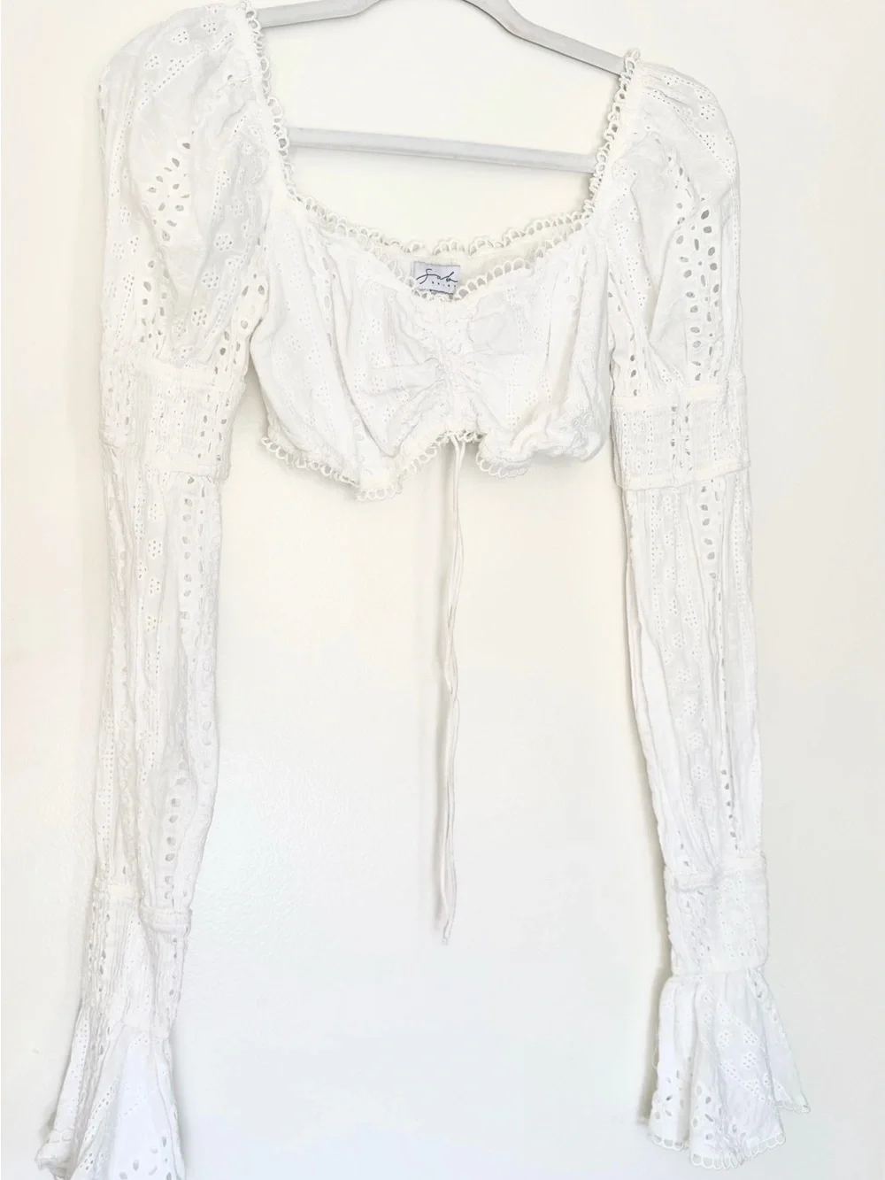 Free People White Eyelet Puff-Sleeve Cropped Top